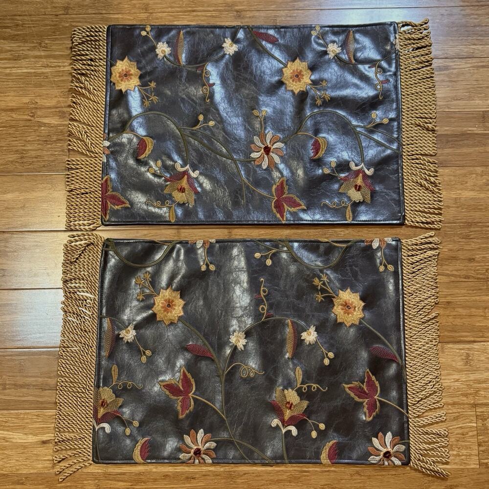 2 VTG Espresso Brown Faux Leather Floral Embroidery Gold Cord Fringe Placemats